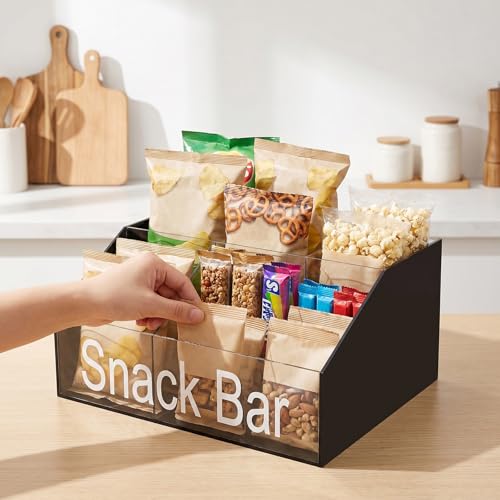 Snack Organizer for Countertop, Black & Clear Acrylic Snack Bar Organizer, 4 Compartment Snack Holder Chips Organizer, Trapezoid Snack Basket Bin for Kitchen Pantry Organizer and Storage