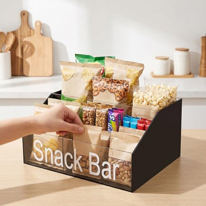 Snack Organizer for Countertop, Black & Clear Acrylic Snack Bar Organizer, 4 Compartment Snack Holder Chips Organizer, Trapezoid Snack Basket Bin for Kitchen Pantry Organizer and Storage
