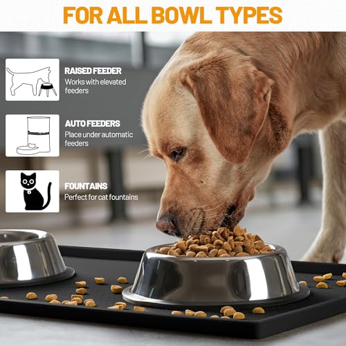 Hubulk Dog Feeding Mat,100% Waterproof Food Grade Silicone Pet Food and Water Bowl Placemat,Dishwasher, High Raised Edge to Prevent Spills,Nonslip Tray to Stop Messes on Floor (19"x12"x0.5", Black) - color: Black, size: 19"l X 12"w
