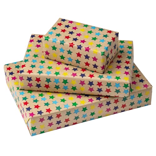 WRAPAHOLIC Kraft Wrapping Paper Roll - Striped Brown Kraft Paper for Birthday Gift Wrapping - 17in x 32.5in Each Roll, Total 46 Sq. Ft. - Stars - color: Stars, size: 1 roll (Pack of 1)