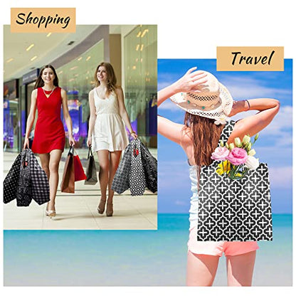 BeeGreen Reusable Shopping Bags for Groceries Reusable Gifts Bag - Grocery Bags Foldable 6 Pack Cute Holiday Cloth Bags With Handles - Large Tote Bag Bulk Heavy Duty Polyester Washable Geometry - color: Black Dots, Gray Geometry