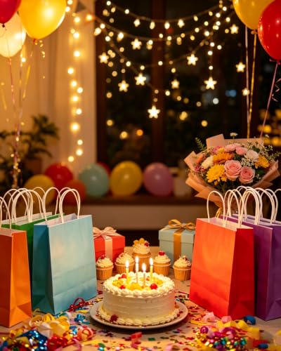 qiqee 100Pcs Paper Gift Bags with Handles - 10.6"x8.3"x4.3" Medium Party Favor Bags - 24 Solid Colors - size: Medium - 1 count (Pack of 100)