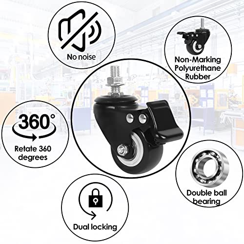 2'' Caster Wheels, Swivel Stem Casters 3/8'' - 16x1'' (Screw Diameter 3/8'', Screw Height 1'') 330Lbs Heavy Duty Threaded Casters No Noise PU Dual Locking Castors with Brake - style: 3/8'' - 16x1''