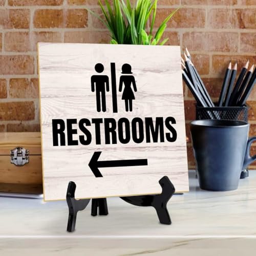 Restrooms Left 5"x 5" Square Table Sign With Acrylic Easel | General Office Notices & Business Table Signs - color: Restrooms Left
