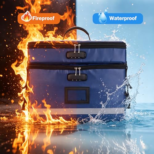 EXLIFBAG Fireproof File Organizer with Lock, 2 Layer - color: Blue, size: 2 Layer