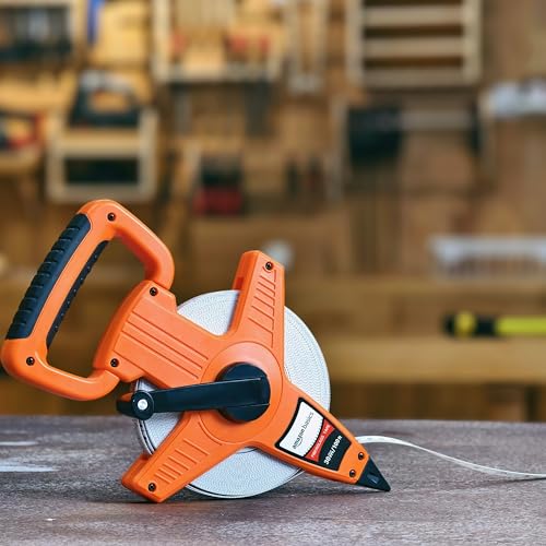 Amazon Basics Open Reel Fiberglass Measuring Tape, Versatile, Reliable, Shock-Absorbing Handle, Inch/Metric Scale, Impact Resistant Shell, 100-feet (30-Meters) by 1/2-Inch, Orange