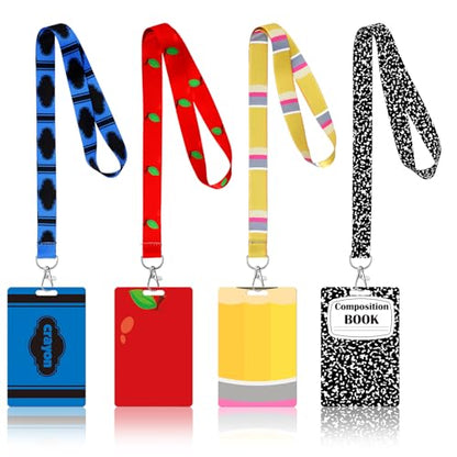Liliaafar 4 Pcs Teacher ID Badge Holder with Lanyard Back to School Teacher Gifts Bulk Cute Composition Notebook Pencil Crayon Apple ID Badge Holder for First Day of School Stuff Office Gifts Decor - style: Back to School