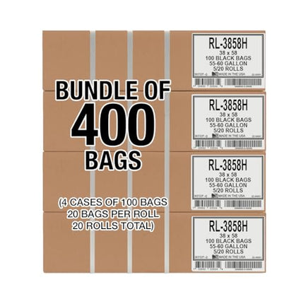 Aluf Plastics 55-60 Gallon Trash Liners - (Value 400 Pack) - 1 MIL Strength Black Plastic Garbage Bags 38"x 58" for 50-55 Gal Cans - Fits Toter, Rubbermaid Brute, Carlislie Bronco etc. (RL-3858H) - color: Black, style: 55-60 Gal, 1 Mil, 400 Count