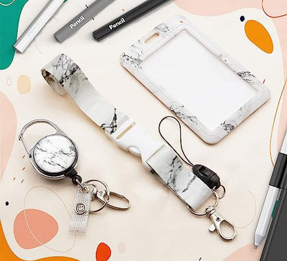 ID Badge Holder with Lanyard,Retractable ID Badge Card Holders Detachable Neck Lanyard Strap with Badge Reel and Vertical ID Holder for Nurse Students Teachers Office Staff(Marble White) - color: Marble White