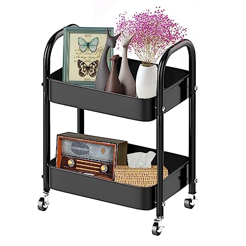 Melody House 2 Tier All-Metal Rolling Storage Cart with Handle and Locking Wheels - Kitchen, Laundry, Office, Bathroom Organizer, Black - size: 2 Tier Black