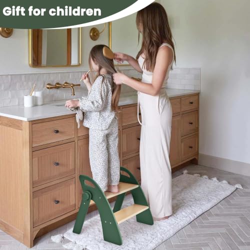Step Stool for Toddlers, Foldable Wooden 2 Step Stool, Toddler Step Stool for Bathroom Sink & Potty Training, Kitchen Helper with Handles and Non-Slip Pads(Dark Green) - color: Dark Green