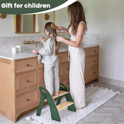Step Stool for Toddlers, Foldable Wooden 2 Step Stool, Toddler Step Stool for Bathroom Sink & Potty Training, Kitchen Helper with Handles and Non-Slip Pads(Dark Green) - color: Dark Green