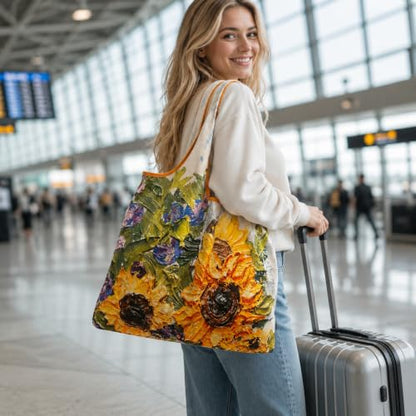 Foldable Grocery Tote Bag, Sunflower Print Shoulder Bag for Errands Travel - color: A1-big Sunflower