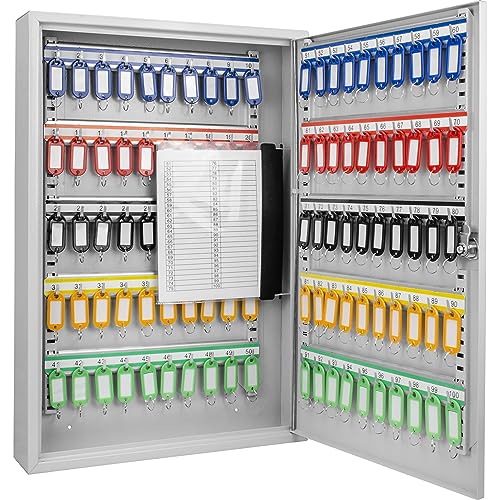 Barska 100-Position Key Lock Box – Solid Steel Key Cabinet with Numbered Hooks, Key Log Sheet, Color Tags & Index Chart – Wall-Mount Organizer, Grey - Key Organizer Box - Key Storage wall mount - color: Grey, style: 100 Keys