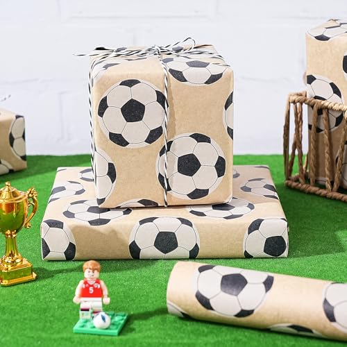 RUSPEPA Football Wrapping Paper Roll for Men Boys Kids, Mini Roll, Black and White Soccer Ball Design Kraft Gift Wrap for Birthday, Game Day, Sports Party, 17 Inches x 16.4 Feet - color: Kraft Classic Soccer
