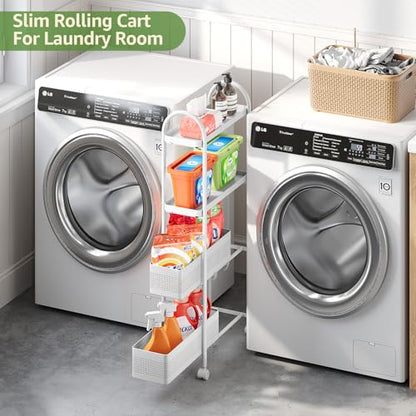 KINGRACK 4 Tier Slim Rolling Cart with Drawer, Metal Utility Storage Cart - color: White, size: 4 Tier-2BKT