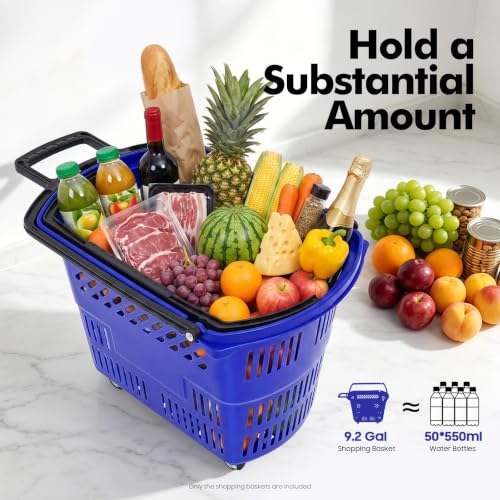 6PCS Rolling Shopping Carts with Wheels and Handles, 35L Portable Plastic Shopping Basket Set Grocery Cart for Supermarket, Retail Store, Bookstore, Laundry, Garage (Blue)