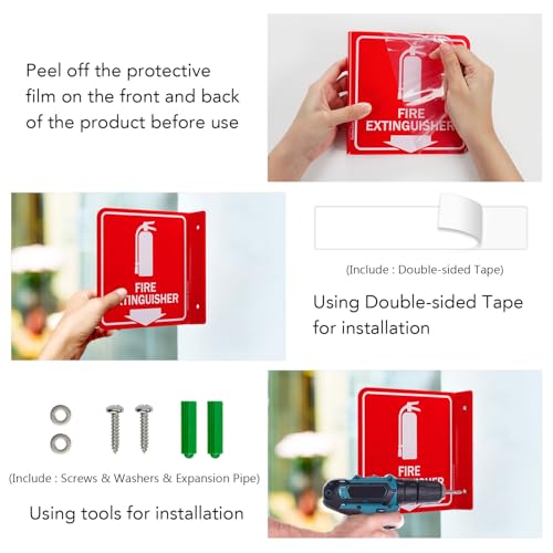 Faittoo Fire Extinguisher Sign, 2 Pack Fire Extinguisher with Down Arrow - 6 x 6 Inches Acrylic Plastic, 2 Pre-Drilled Holes, Includes Matching Screws, Use for Home Office/Business - style: L-shaped 2 Pack