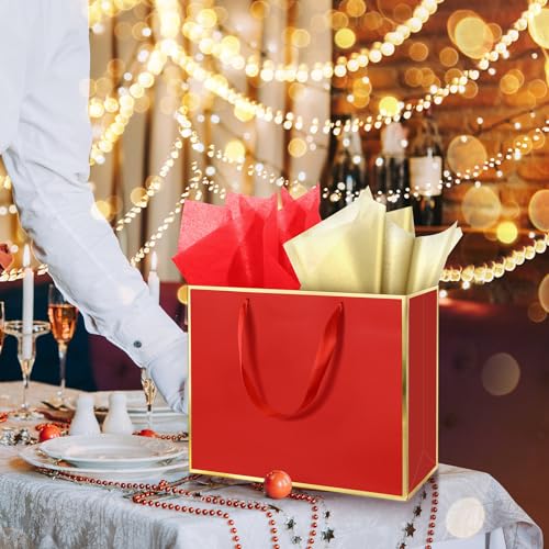 ReliThick 12 Pack Paper Gift Bag with Handles & Tissue, Red, Gold - color: Red, Gold