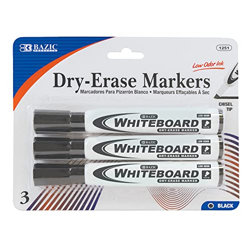 BAZIC PRODUCTS Black Chisel Tip Dry Erase Markers, Low-Odor, 3 Count - color: Black (3-count), size: 3 Count (Pack of 1)