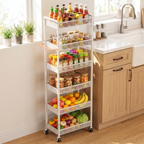 6 Tier Slim Storage Cart with Wheels, 10" D Rolling Storage Cart for Small Space, Metal Narrow Spice Cabinet Mobile Shelving Unit Organizer with Handle for Kitchen, Laundry - White - color: White, size: 10 Inches