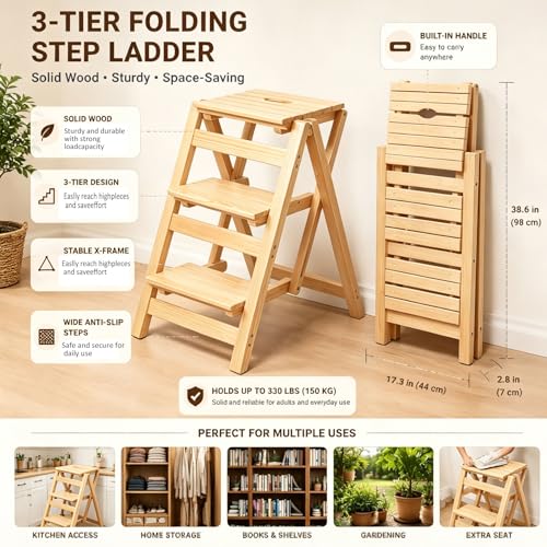 3-Step Wooden Folding Step Stool – Solid Pine Frame, Non-Slip Steps, Anti-Scratch Base, 337lb Capacity – No Assembly Required, Space-Saving for Kitchen & Home – Walnut (Natural Wood) - color: Natural Wood