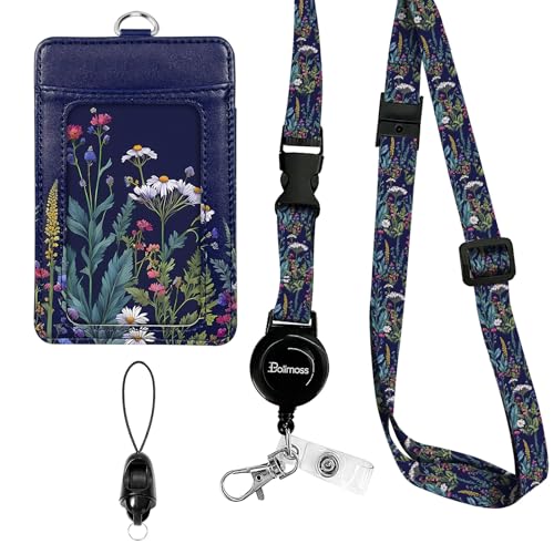 Floral Badge Holders, Vertical PU Leather ID Card Name Bdge Holder with Detachable Neck Lanyard Strap and Retractable Badge Reel Metal Clip Sturdy Buckle for Key Wallet (Wildflower) - color: Wildflower
