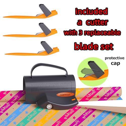 PERFYCUT Wrapping Paper Cutter with 3 Replaceable Blade Sets for Birthday Paper Gift Wrapping Paper Roll Cutter and Christmas Wrapping Paper Cutter Tool Tube Holder Slidding Slicing.