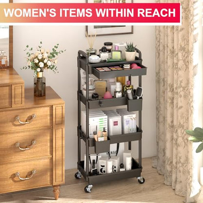 Goovilla 4 Tier Rolling Utility Cart Organizer with Removable Drawer, Black - size: 4 Tier, style: Black