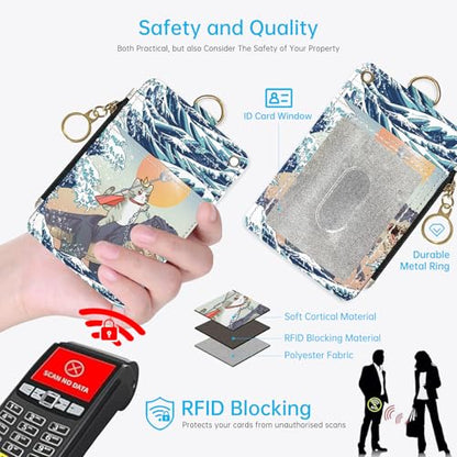2-in-1 ID Badge Holder & Lanyard Wallet，Cute Zippered Pouch Dinosaur Cat - color: Funny Surfing Cat Riding Dinosaur