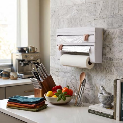 AUNMAS Plastic Wrap Dispenser Wall Mounted Paper Towel Holder with Side Button Inside Cutter No Drill Easy Installation Multifunctional Storage for Kitchen Cling Film Aluminum Foil Garbage Bags