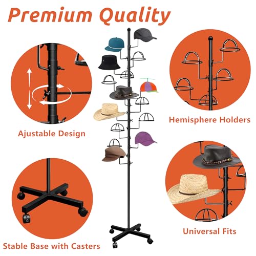 Montex Hat Rack Stand 15 Hooks, Hat Display Stand Metal, Hat Display for Stores, 15 Customisable Circular Hooks - color: Black