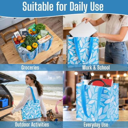 VENO 2/4 Pack Compact Reusable Grocery Shopping Bags with Hard Bottom - color: Spring Breeze - 4 Pack