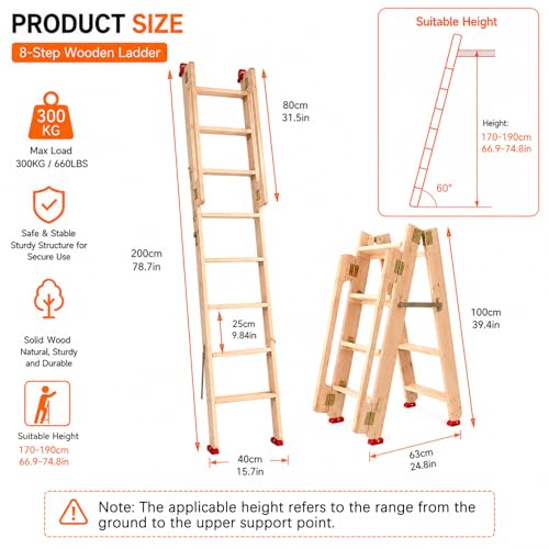 6.5ft Folding Wooden Loft Ladder, 8 Steps Rolling Library Ladder with Dual Handrails, Industrial Style SolidWood Step Ladder, Portable Loft Attic Ladder, 660LBS, for Attic, Warehouse, Library - size: 6.5ft