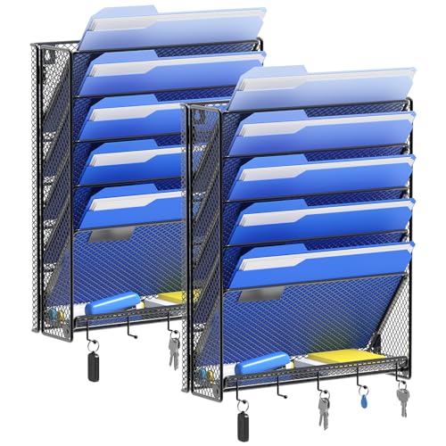 OUTWOLF Hanging Wall File Organizer with Hooks, 6 Tier Vertical Wall Mount File Holder, Paper Document Mail Organizer for Office, Pack of 2 - color: Hook Pack of 2