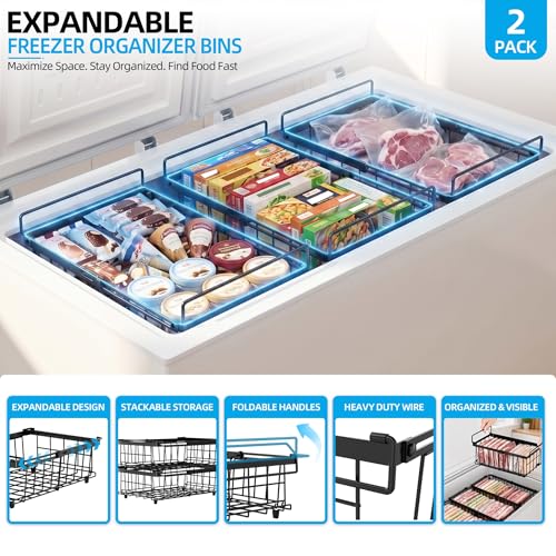 2 Pack Expandable Freezer Organizer Bins, Stackable Chest Freezer Basket - color: Black, size: 2 Packs
