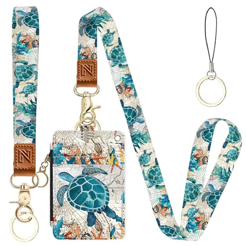 2-in-1 ID Badge Holder & Lanyard Wallet，Cute Zippered Pouch Sea Turtle 2 - color: Sea Turtle 2