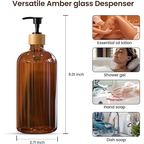 Sunrise Premium Amber Glass Soap Dispenser, Bamboo Pump with Tray, 2 Pack - color: Plastic Bamboo Pump - Amber Glass Pack 2