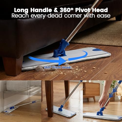 18 in Microfiber Flat Mop Cleaning System, Floor Mops with Stainless Steel Handle, Tangle-Free Mop Head, 4 Reusable Washable Dust Pads, Wet Mopping for Hardwood Tile Laminate