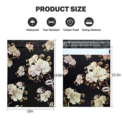 10X13 (100 Pack) Floral Pattern Poly Mailer Envelope Plastic Custom Mailing & Shipping Bags - Self Seal (White Rose) - color: White Rose