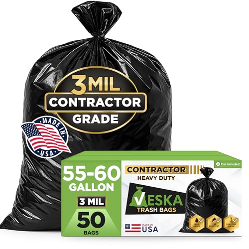 Veska Contractor Garbage Bags 55 Gallon 3 MIL Heavy Duty (MegaValue 50 Bags w/Ties) Contractor Trash Bags 50-60 Gallon 3 Mil Contractor Bag Heavy Duty 55 Gallon, Extra Large Industrial Contractor