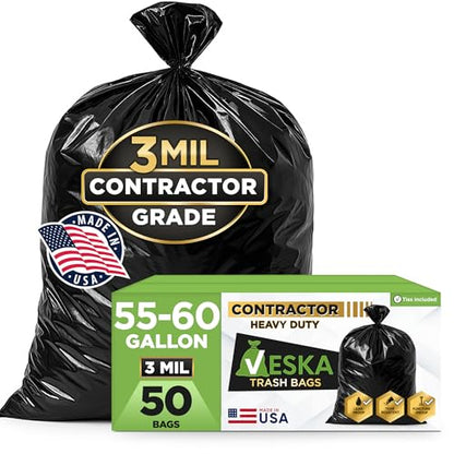 Veska Contractor Garbage Bags 55 Gallon 3 MIL Heavy Duty (MegaValue 50 Bags w/Ties) Contractor Trash Bags 50-60 Gallon 3 Mil Contractor Bag Heavy Duty 55 Gallon, Extra Large Industrial Contractor