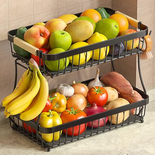 Sevenblue 2-Tier Fruit Basket with Banana Hangers, Detachable Metal Bowl - color: Black, size: 2 Tier Extra Large