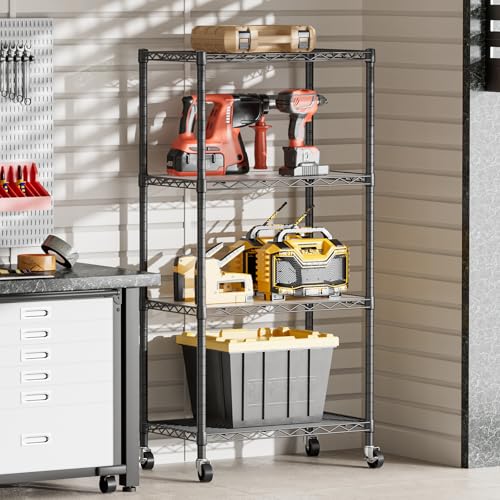 SINGAYE 4 Shelves Storage Wire Shelf Closet Metal Shelving Pantry Wheels - color: Black, size: 4Tier/14"D X 24"W X 49"H