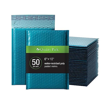 Quality Park Bubble Mailers, 6 x 9 Inch, Blue Poly Mailers, Padded Envelopes, Shipping Envelopes, Water Resistant, Self Seal, 50 Per Box (QUA85862) - color: Blue, size: 6 x 9