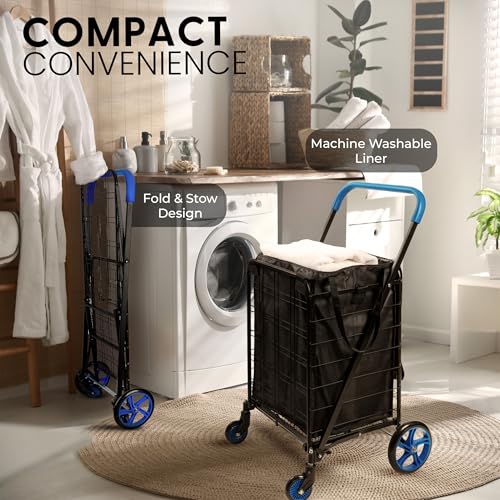 SereneLife Small Compact Folding Shopping Cart with Removable Waterproof Liner – 360° Swivel Wheels, Rust‑Proof Steel Frame, 70 lb Capacity – Portable Grocery, Laundry & Travel Cart (Blue) - color: Blue