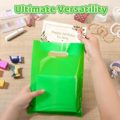 VieFantaisie 50 PCS Green Party Favor Bags, 8" x 11" Goodie Bags for Candy Treat Craft Easter Egg, Plastic Gift Bag with Die Cut Handles for Birthday Party, School Events & Small Business, Wedding - color: Green-50PCS-8x11Inch