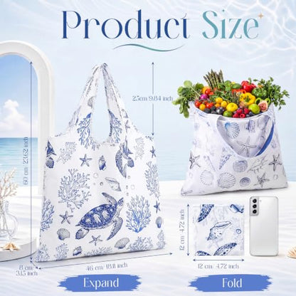 Abbylike 6 Pcs Reusable Grocery Bags 50lbs Coastal Foldable Shopping Bag - color: Blue White, style: Ocean