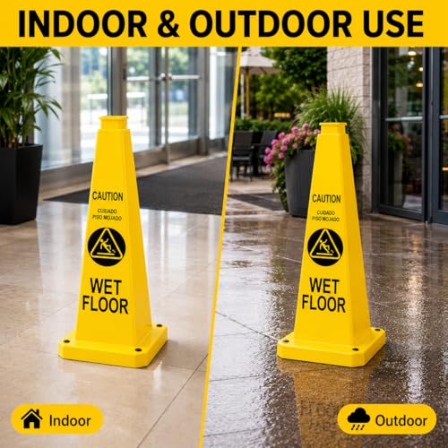BESEA Wet Floor Sign 3 Pack, 28 Inch Heavy Duty Weighted Caution Cones - color: Yellow, size: 28INCH With Caution Sign