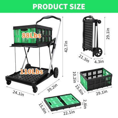 2-Tier Collapsible Aluminum Utility Cart, 198 Lb Capacity, 360° Wheels - color: Green